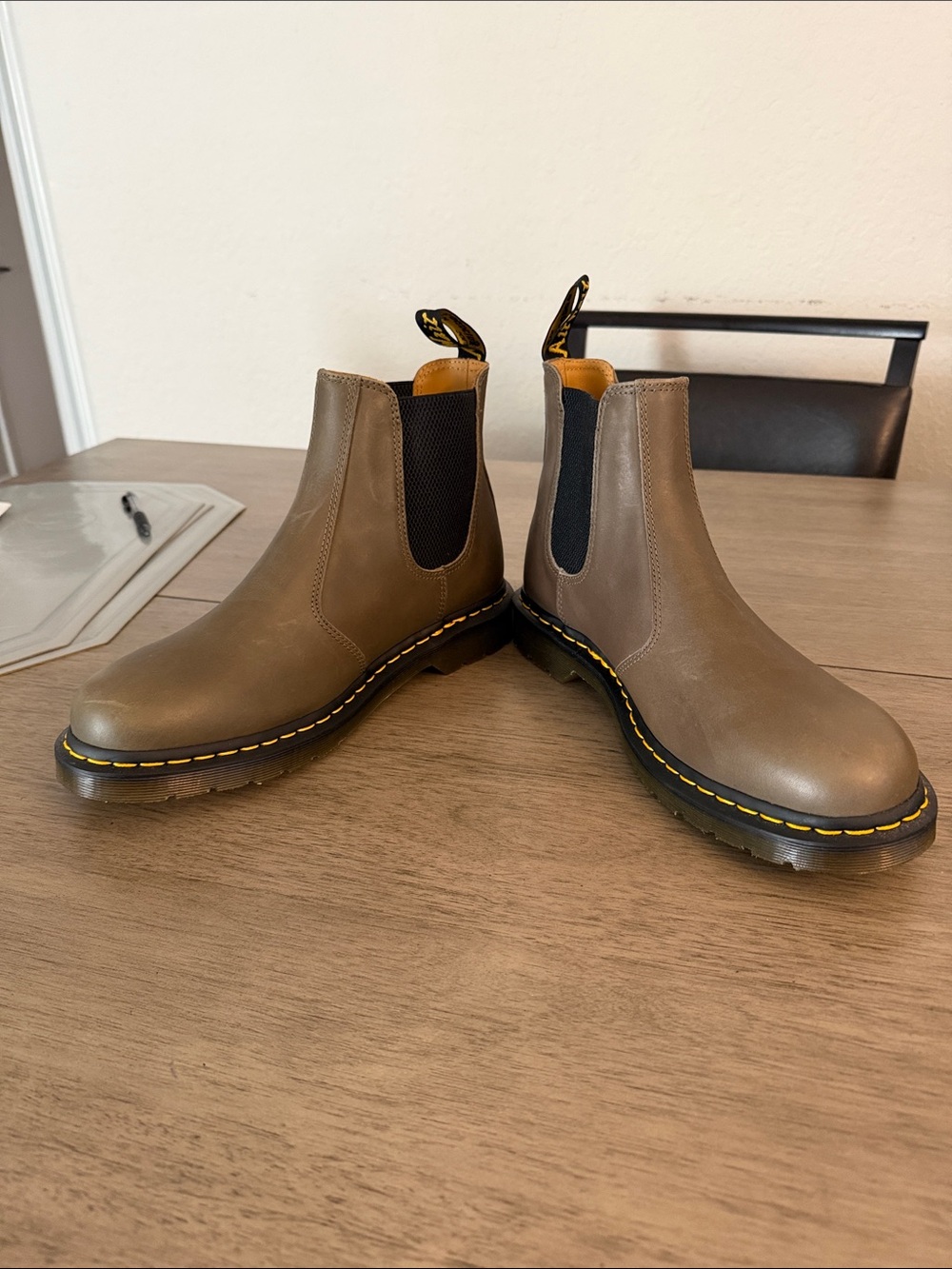Dr. Martens Olive Green Leather Chelsea Boots with Yellow Stitching - Picture 2 of 4